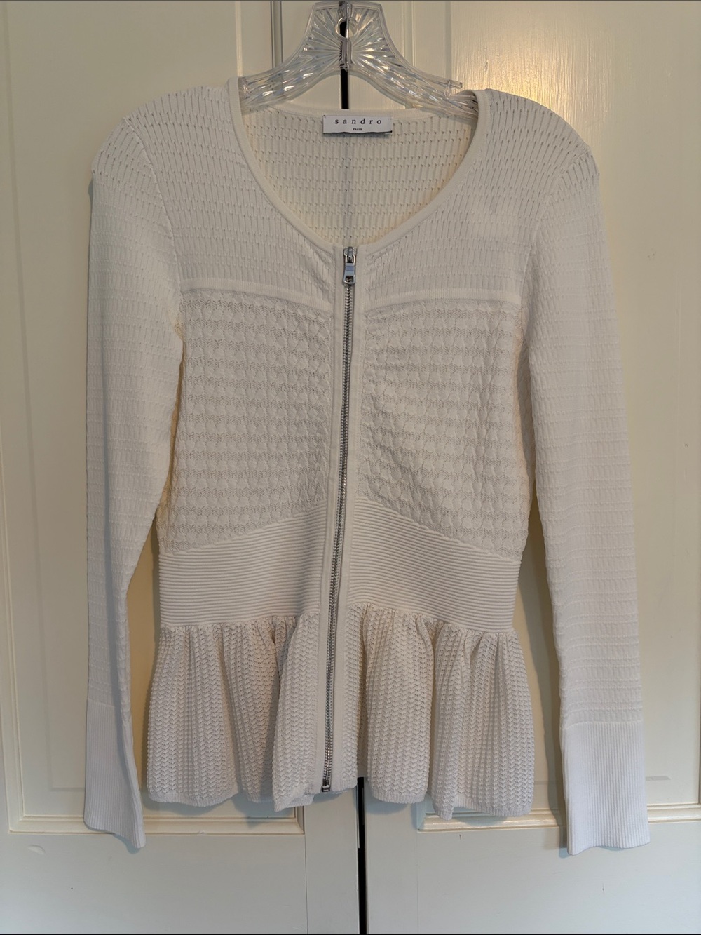 Sandro White Zip-Front Peplum Knit Cardigan
